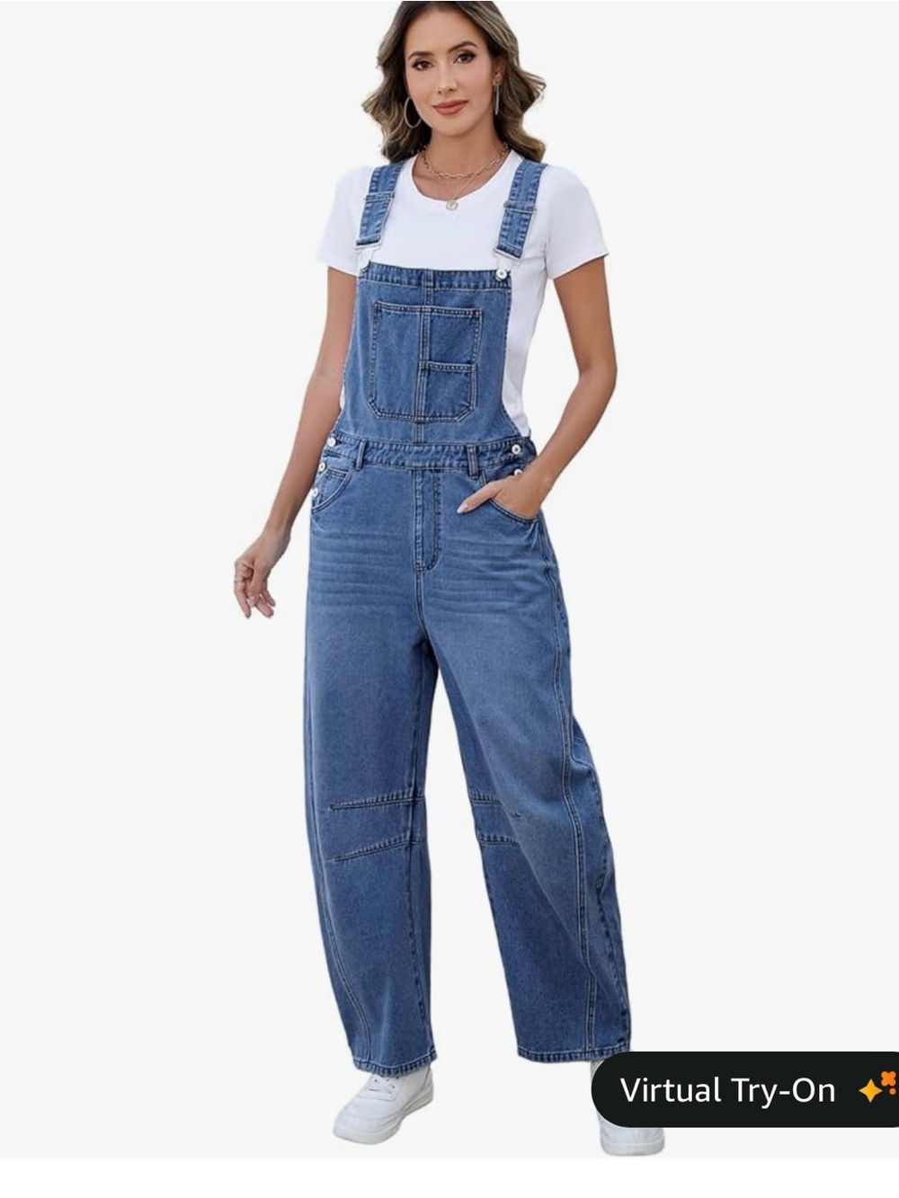 Chouyatou Classic Blue Denim Overalls  Wide Leg  Women’s Jumpsuit Relaxed Fit L